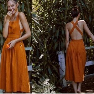 Rare Free People Lula Apron/Pinafore Midi Dress 12 in color deep gold